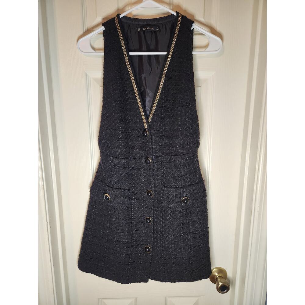 Zara Tweed Sleeveless Pinafore Button Front Chain Detail Dress